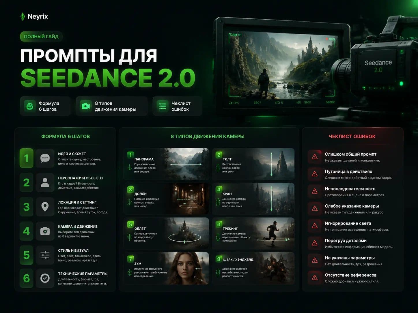 Промпты для Seedance 2.0: формула 6 шагов, 8 типов движения камеры и чеклист ошибок