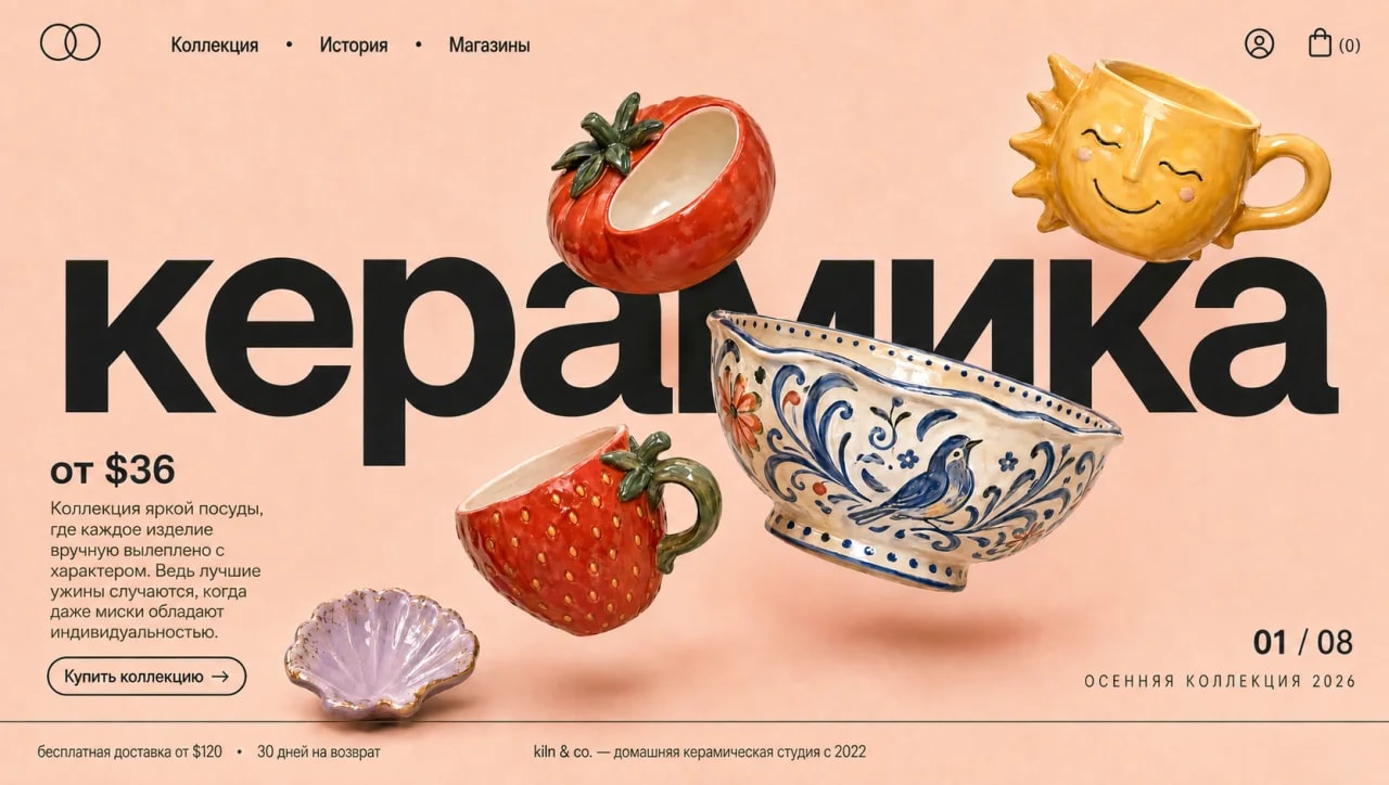 Макет главного экрана интернет-магазина керамики с текстом на русском — GPT Image 2.5