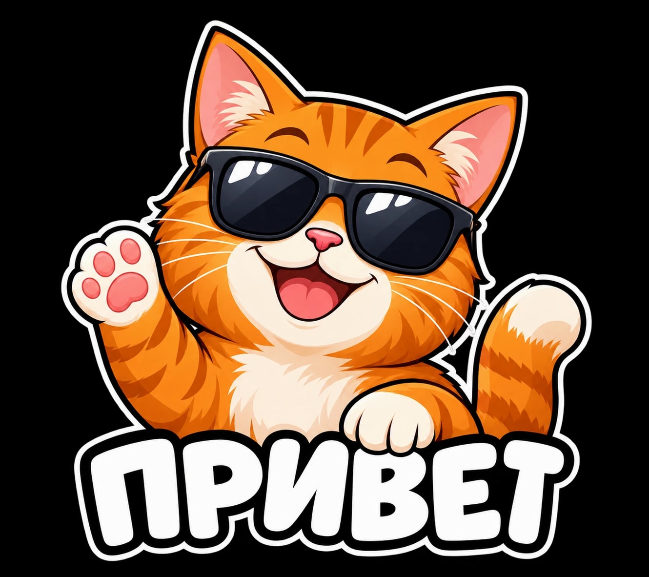Стикер рыжего кота в очках с надписью «ПРИВЕТ» на прозрачном фоне — реальный результат GPT Image 2.5 Sunburst