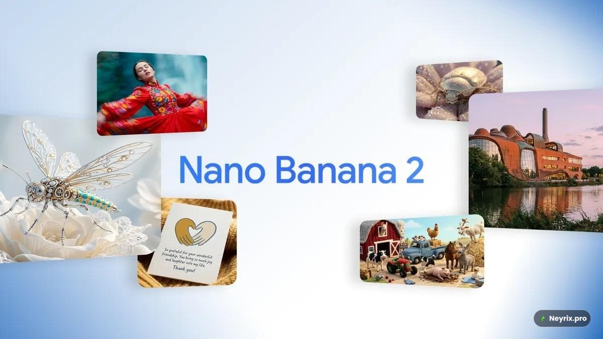 Коллаж примеров генераций Nano Banana 2 — от людей и насекомых до архитектуры