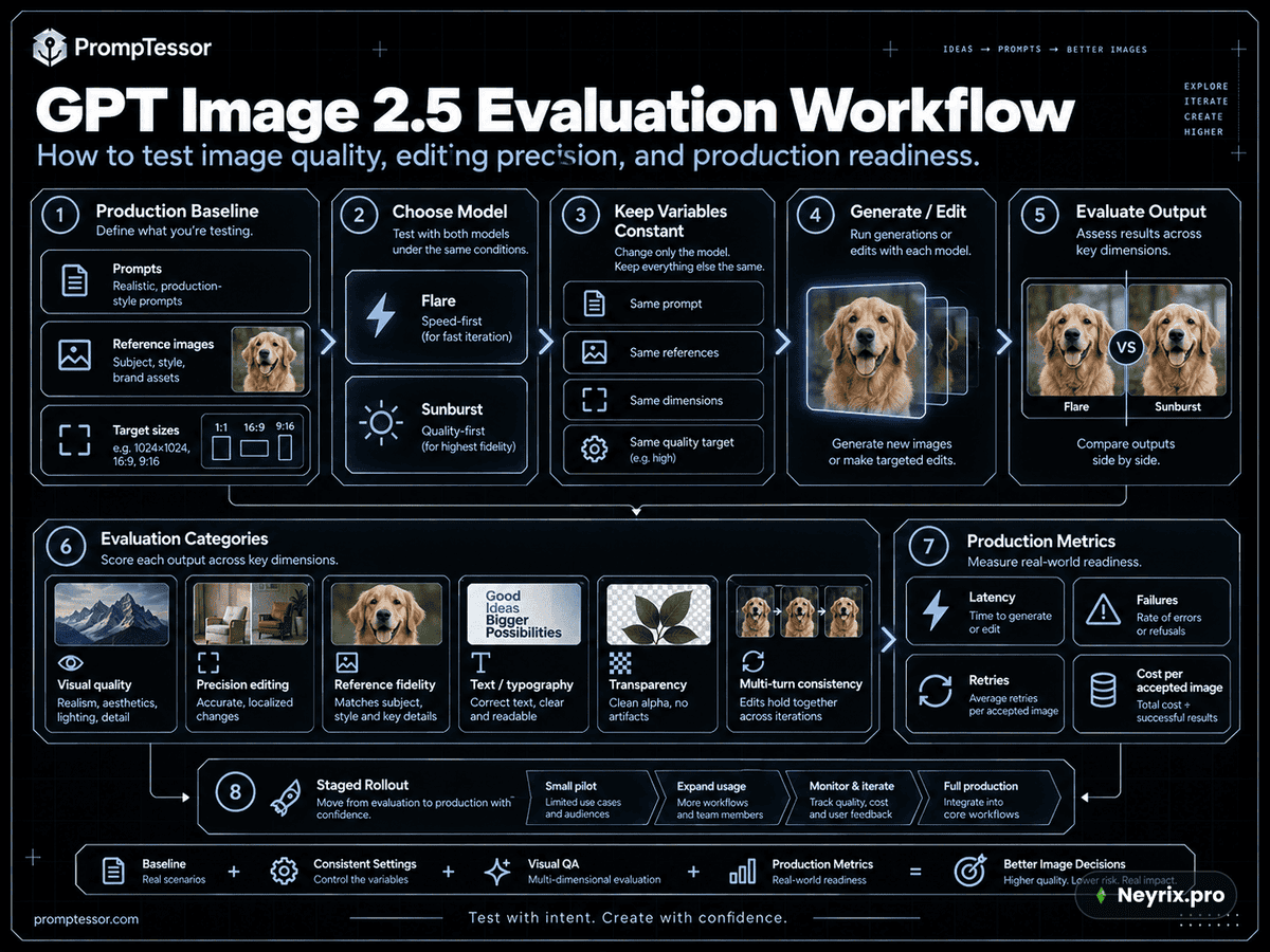 Схема оценки промптов GPT Image 2.5: базовые запросы, выбор модели, сравнение качества, устойчивость к правкам, стоимость принятого результата